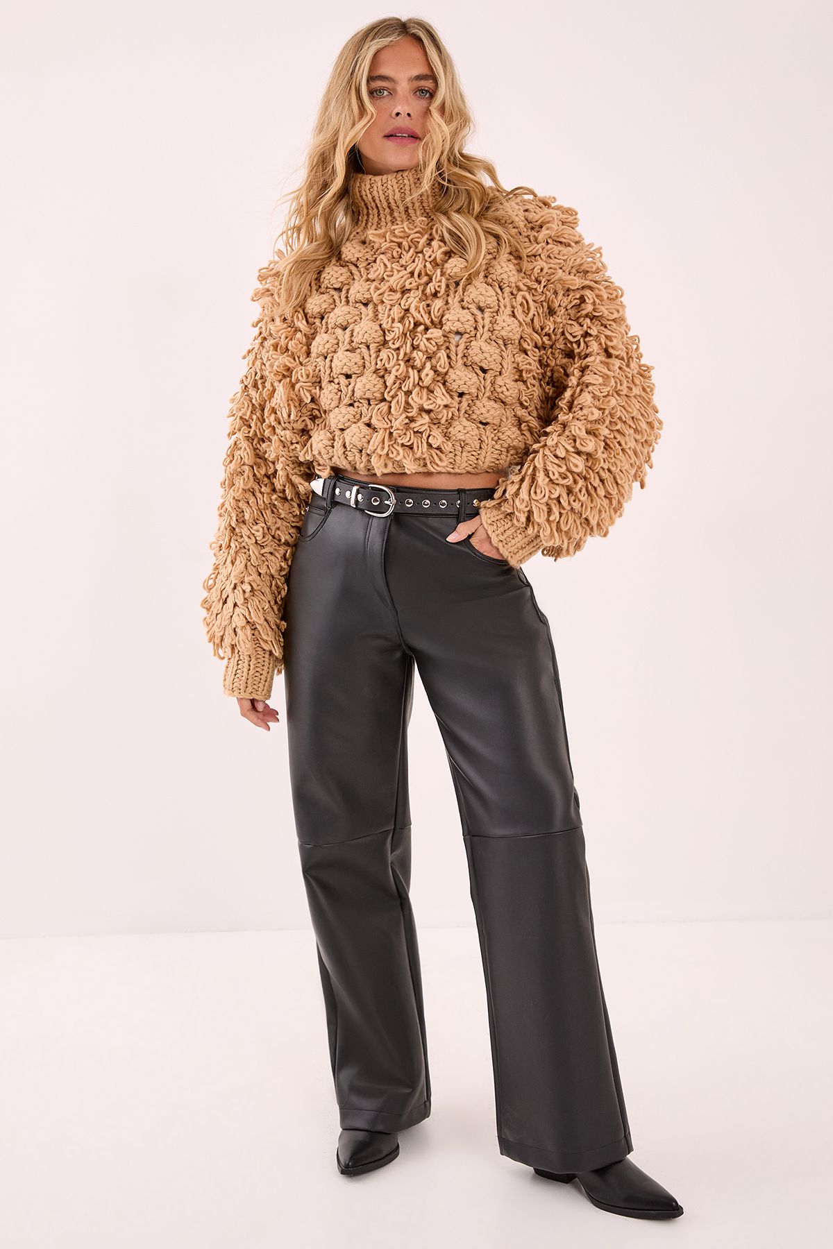 NastyGal Loopy Bobble Mix High Neck Cropped Jumper Tan image 2