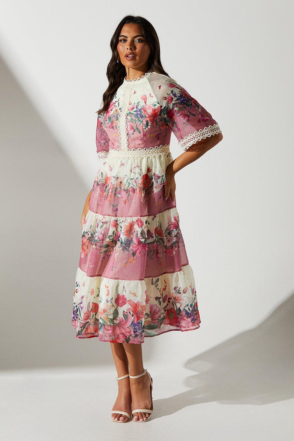 Tied Lace Trim Floral Mesh Long Dress
