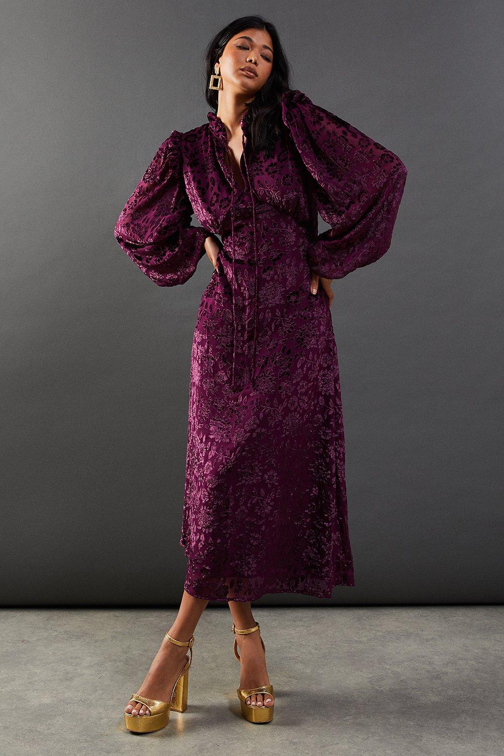 Warehouse Purple Burnout Velvet Frill Shoulder Tie Front Midi Dress PrettyLittleThing