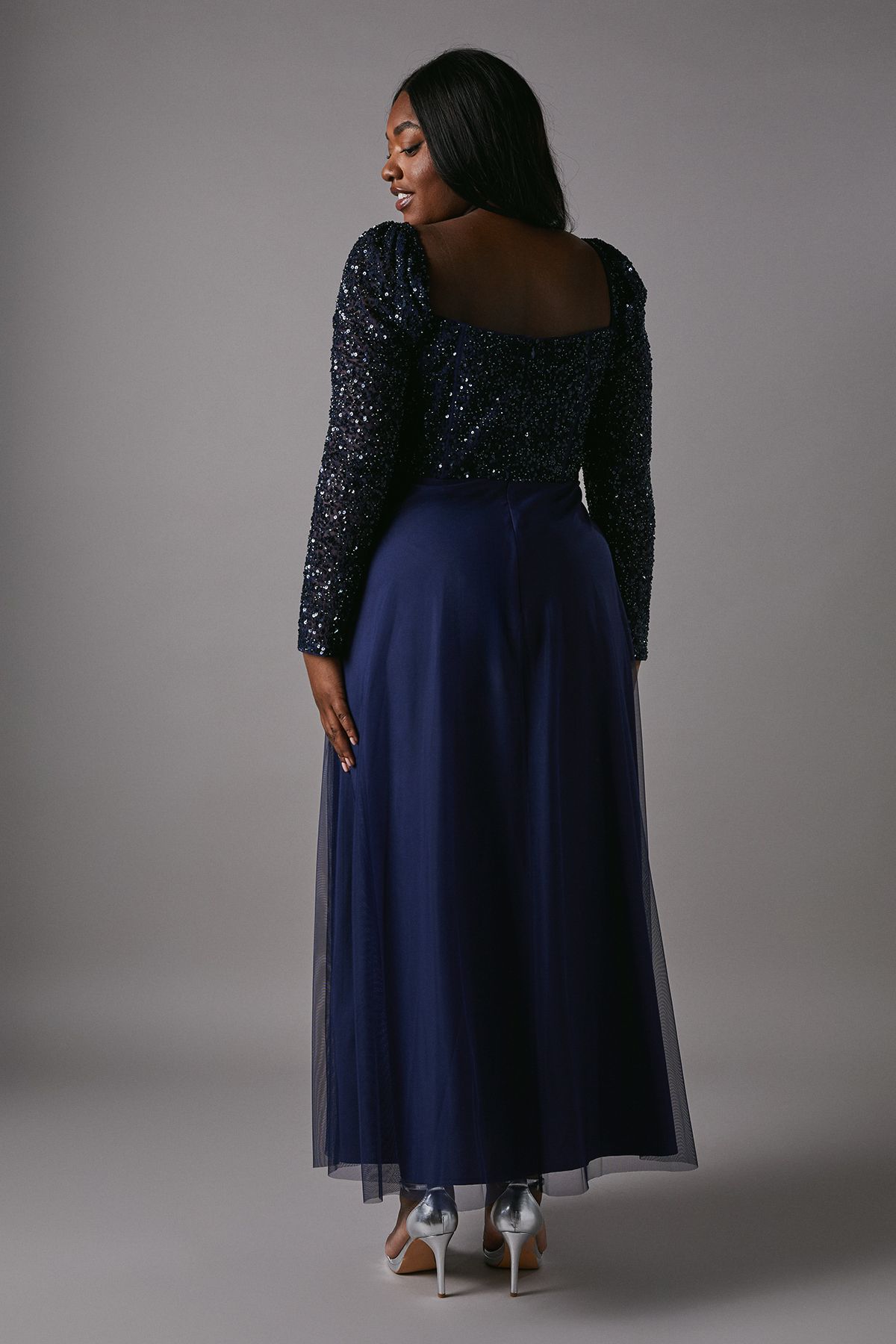 Coast Plus Size Sequin Long Sleeve Corset Tulle Bridesmaid Dress Navy image 4
