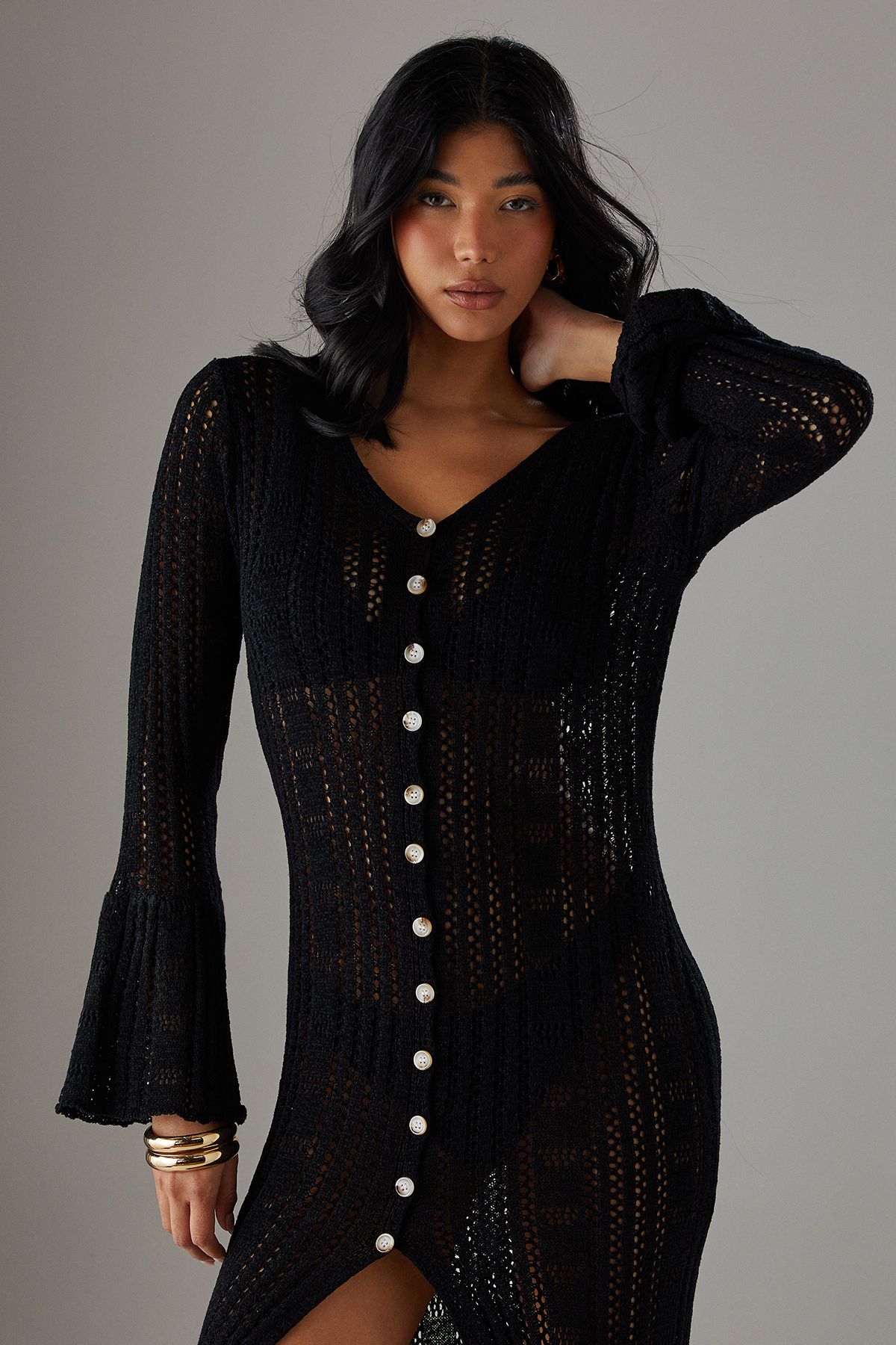 Warehouse Pointelle Button Down Knitted Midaxi Dress Black image 2