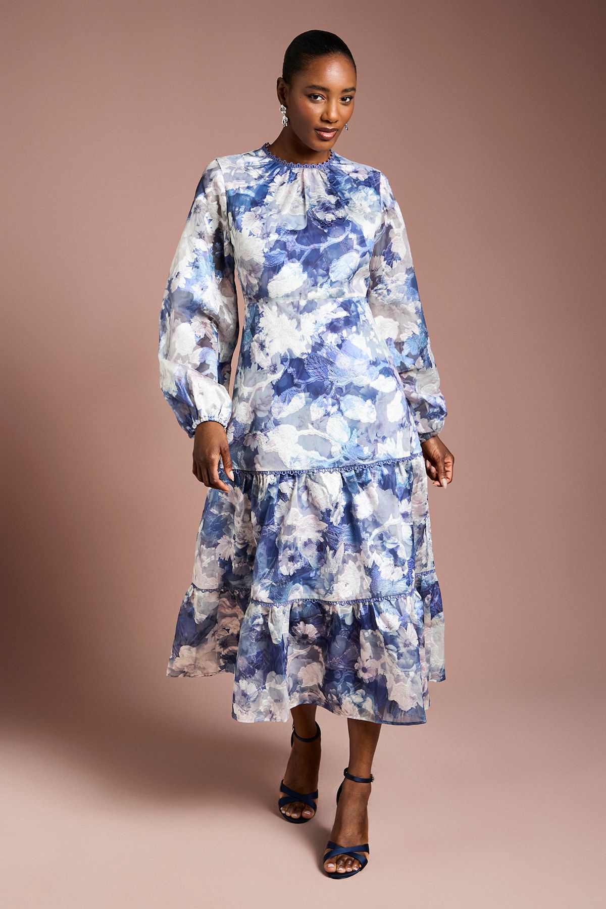 Coast Printed Satin Jacquard Volume Dress Navy image 1