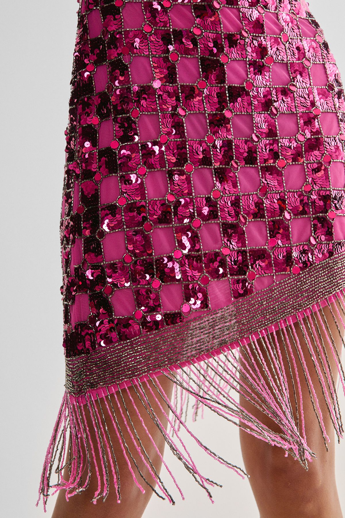 NastyGal Embellished Checkerboard Tassel One Shoulder Mini Dress Pink image 2