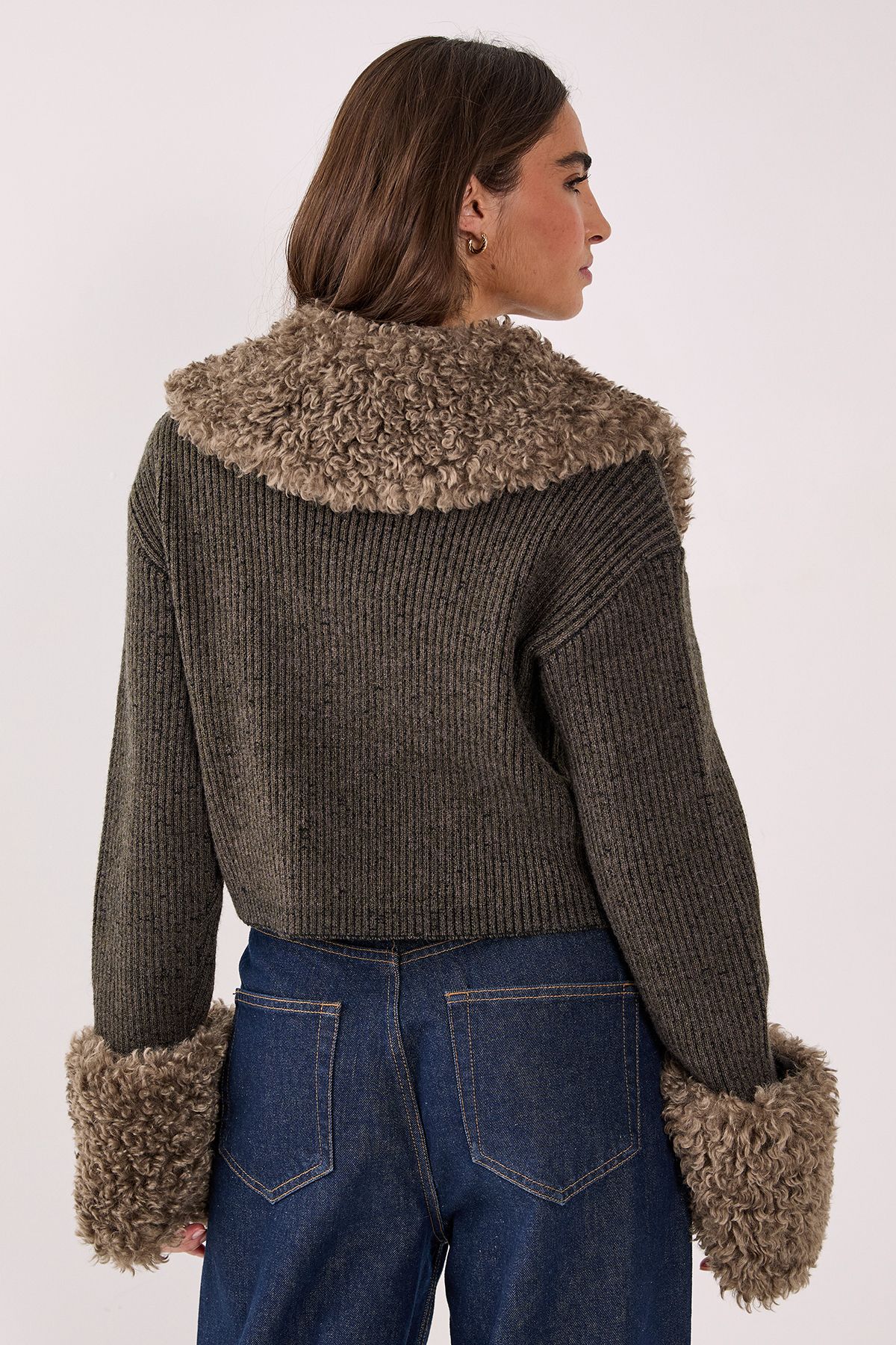 NastyGal Teddy Fur Collared Knitted Cardigan Olive image 3