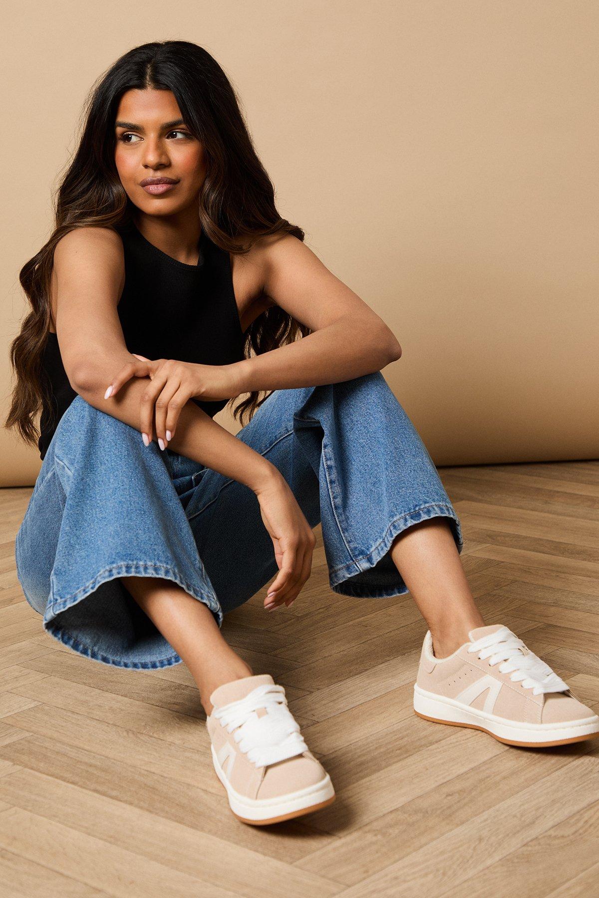 Oasis Dorianna Faux Suede Lace Up Trainers Beige image 2