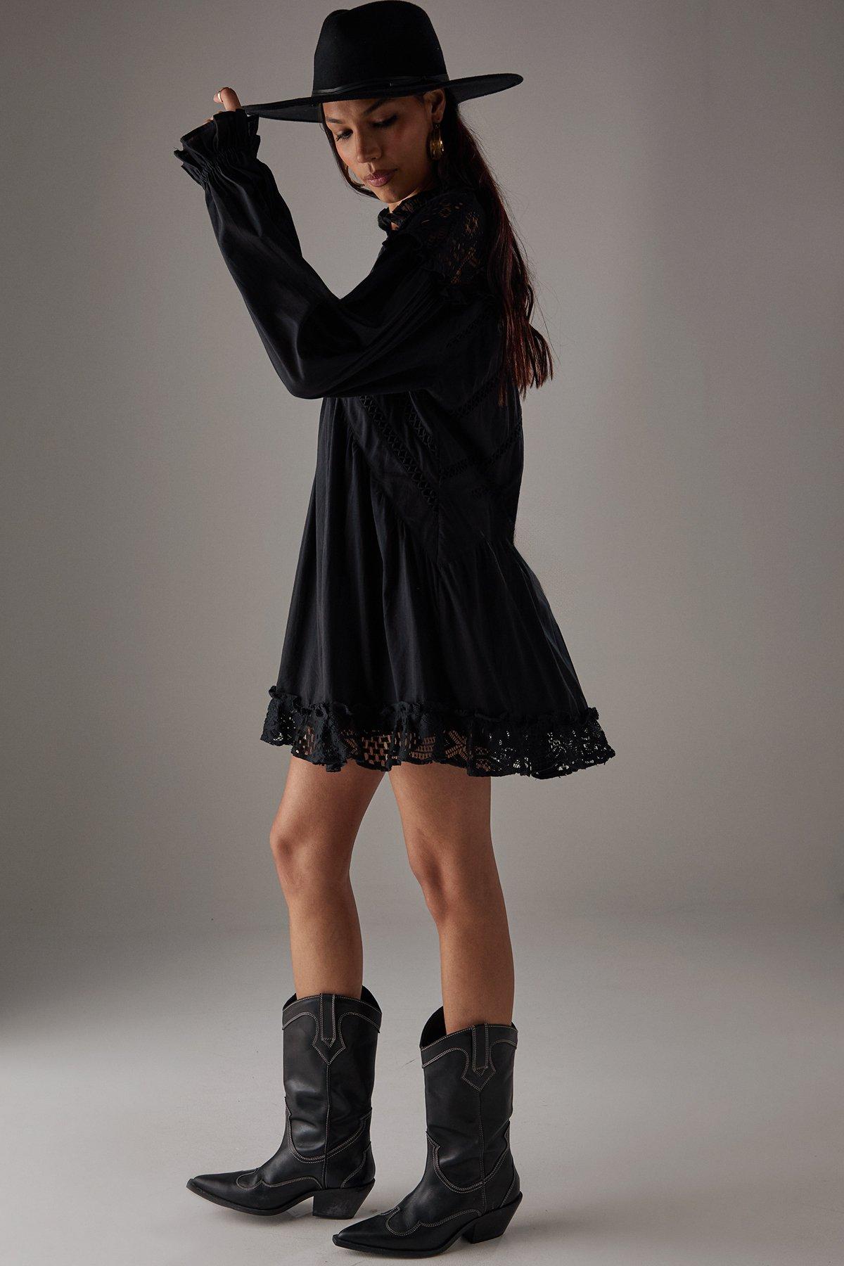 Warehouse HCD Cotton Lace Insert Mini Smock Dress Black image 4