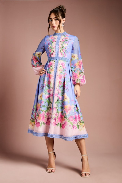 Coast Organza Lace Trim Midi Dress Blue