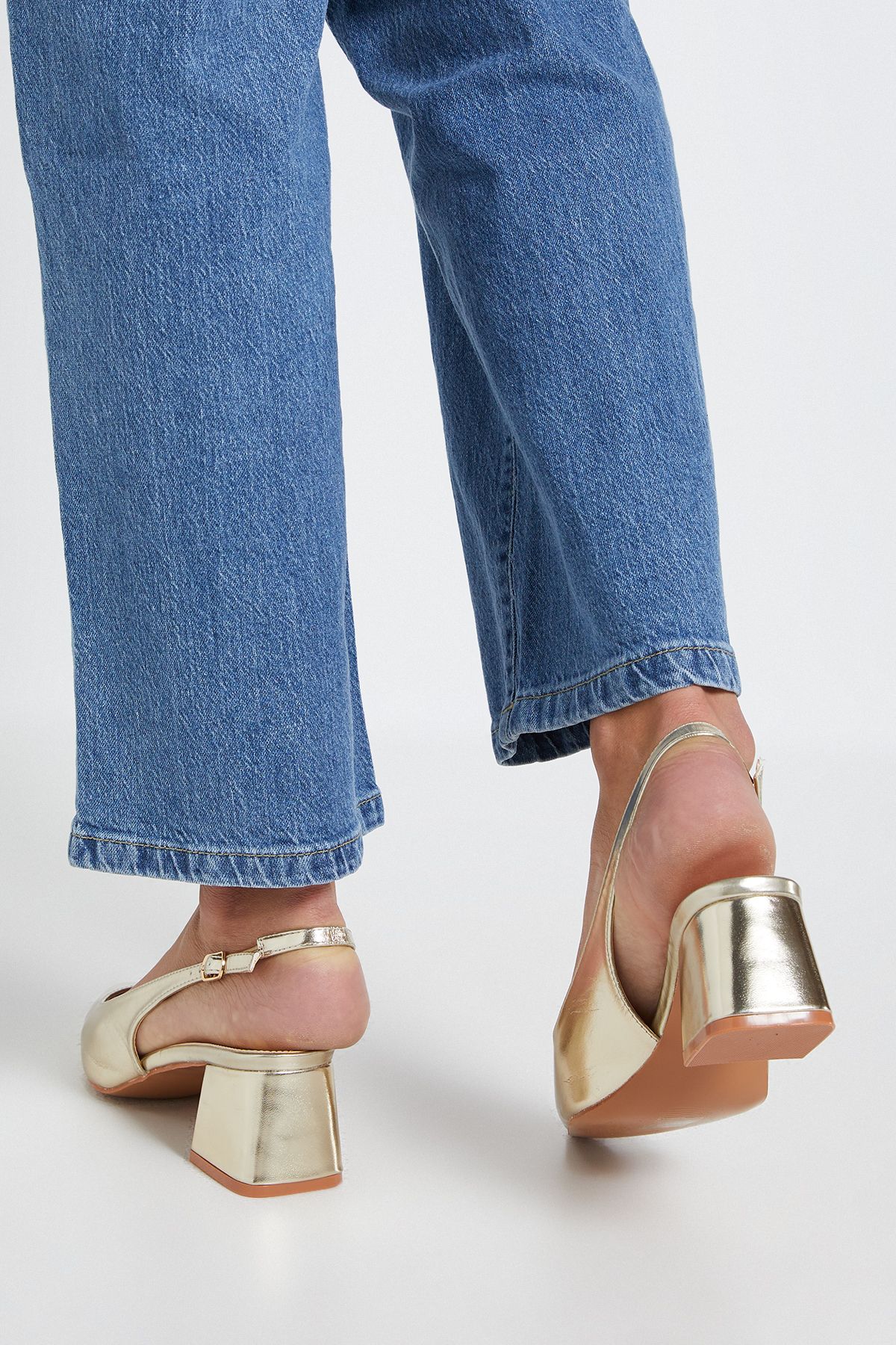 Dorothy Perkins Patricia Faux Leather Slingback Medium Block Heel Court Shoes Gold image 3