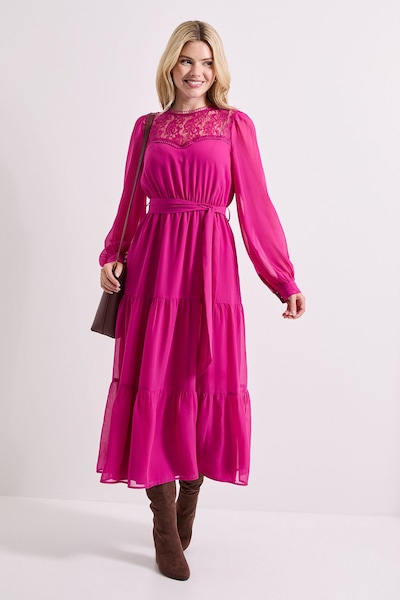 Dorothy Perkins Lace Yoke Blouson Sleeve Tiered Midaxi Dress Rose