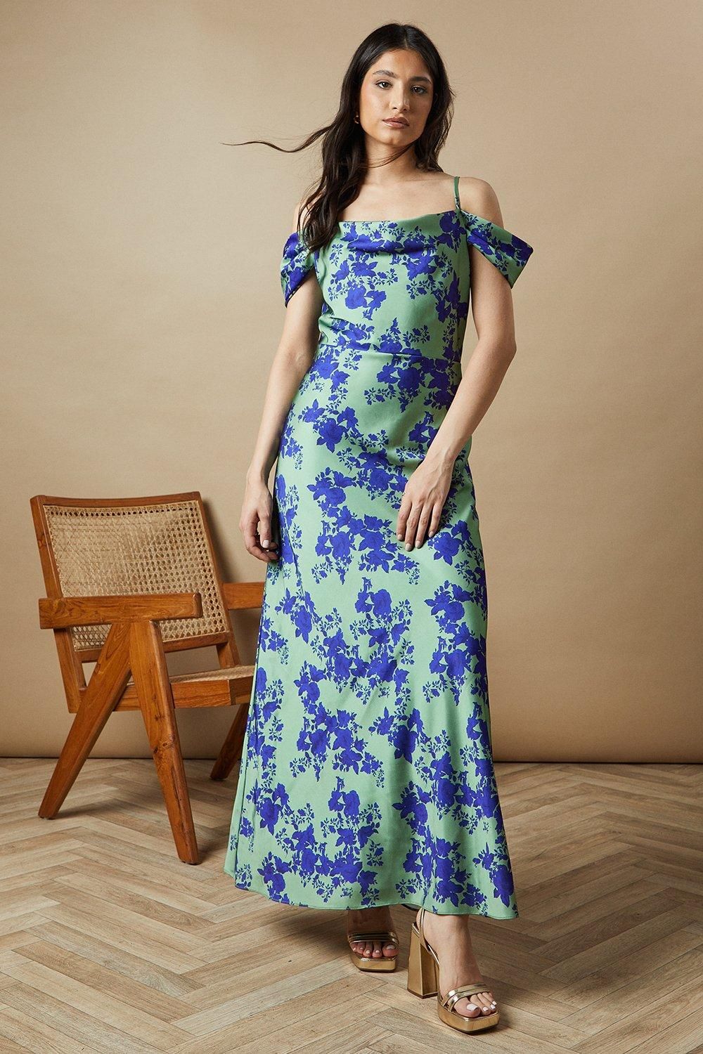 Oasis Occasion Floral Cold Shoulder Satin Maxi Dress Green image 1
