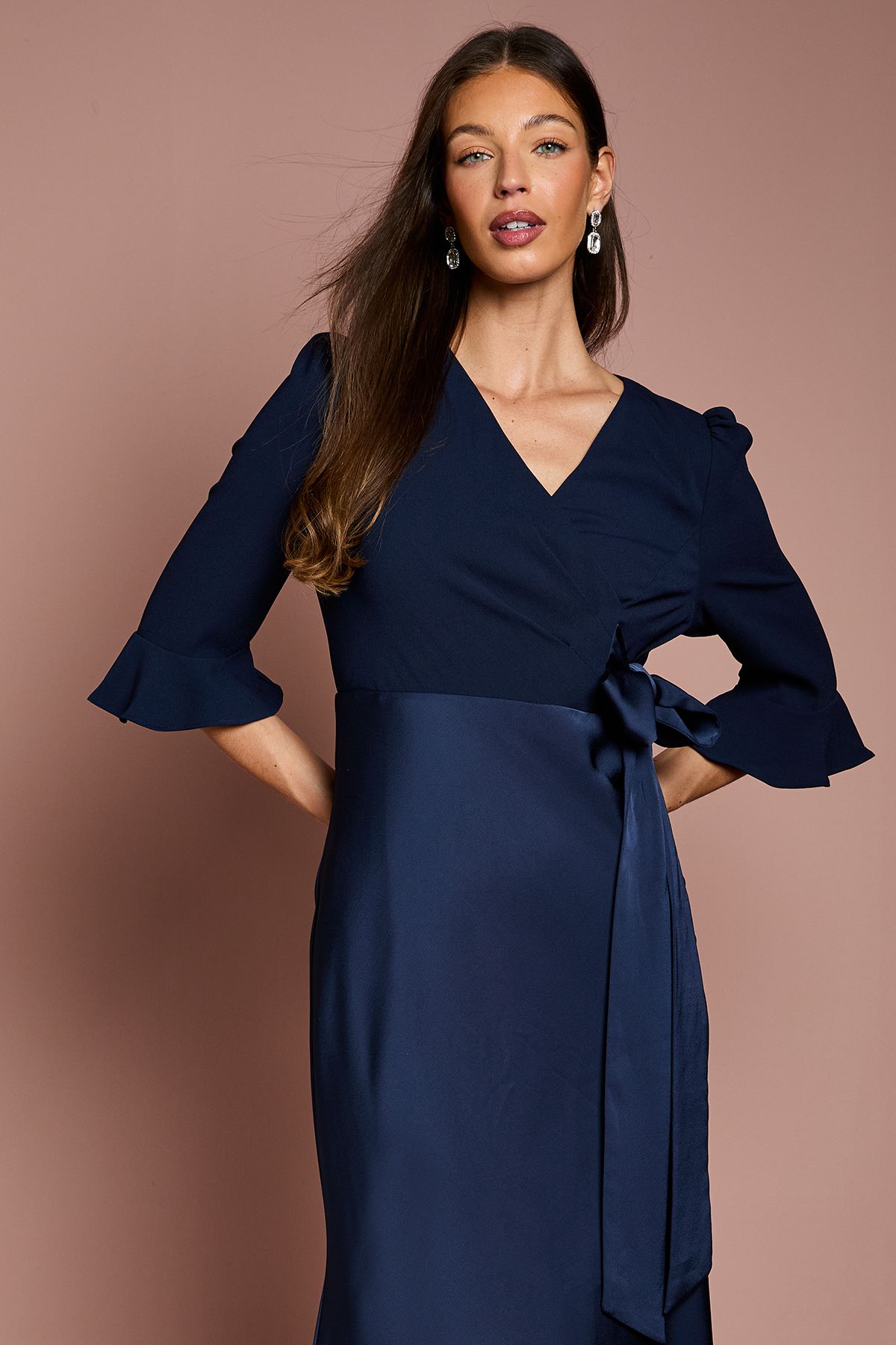 Coast Ruffle Sleeve Satin Back Crepe Wrap Dress Navy image 4