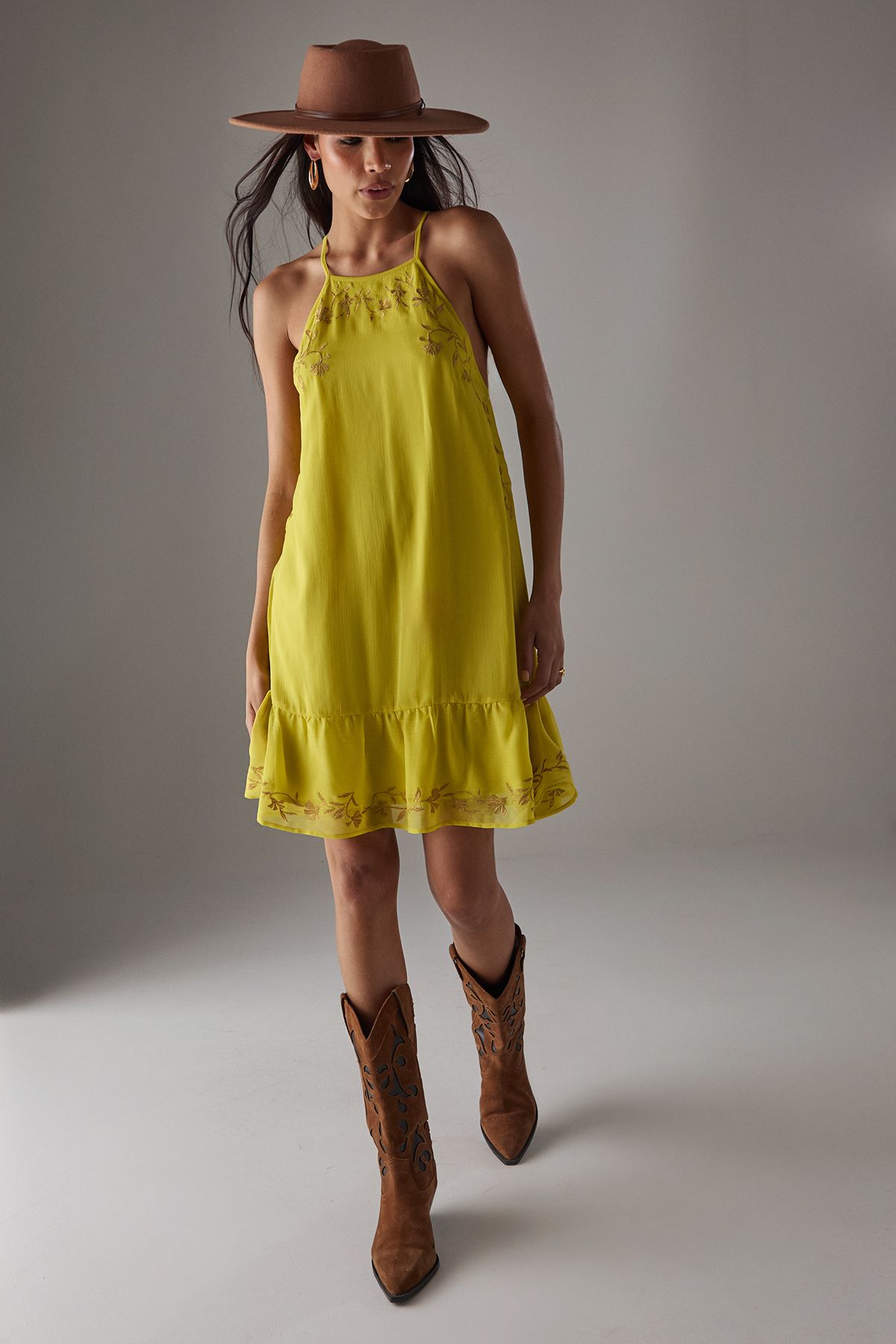 Warehouse HCD Chiffon Embroidered Halter Mini Dress Chartreuse