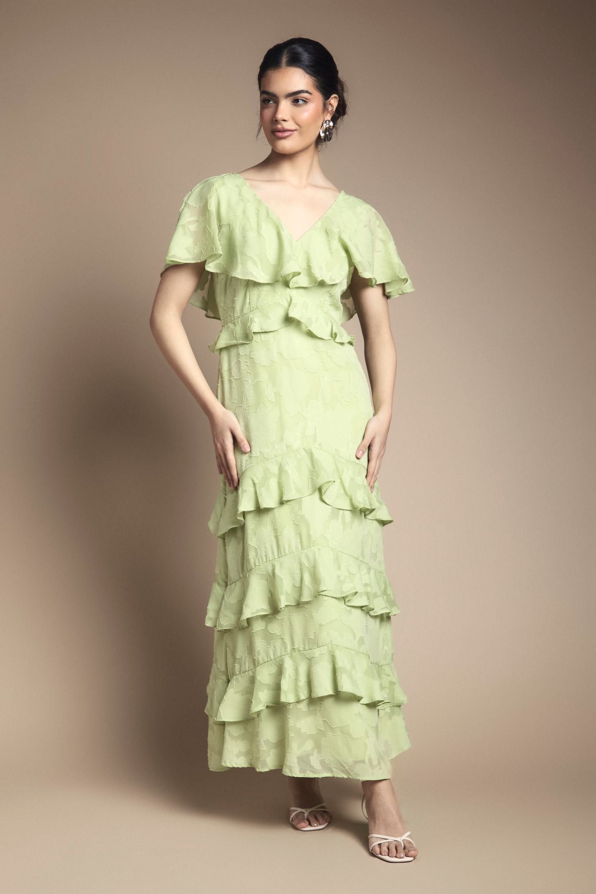 Oasis Jacquard Ruffle Maxi Dress Chartreuse