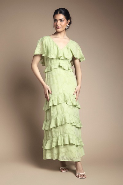 Oasis Jacquard Ruffle Maxi Dress Chartreuse