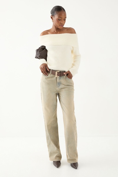 MissPap Eyelash Knit Fold Over Detail Top Ecru