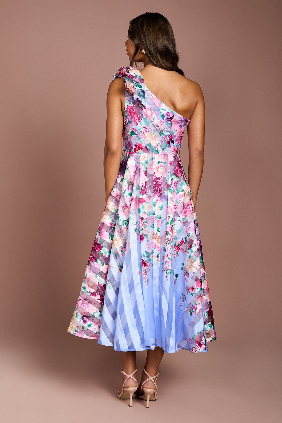 Coast Printed Stripe Organza One Shoulder Midi Dress Blue image 3