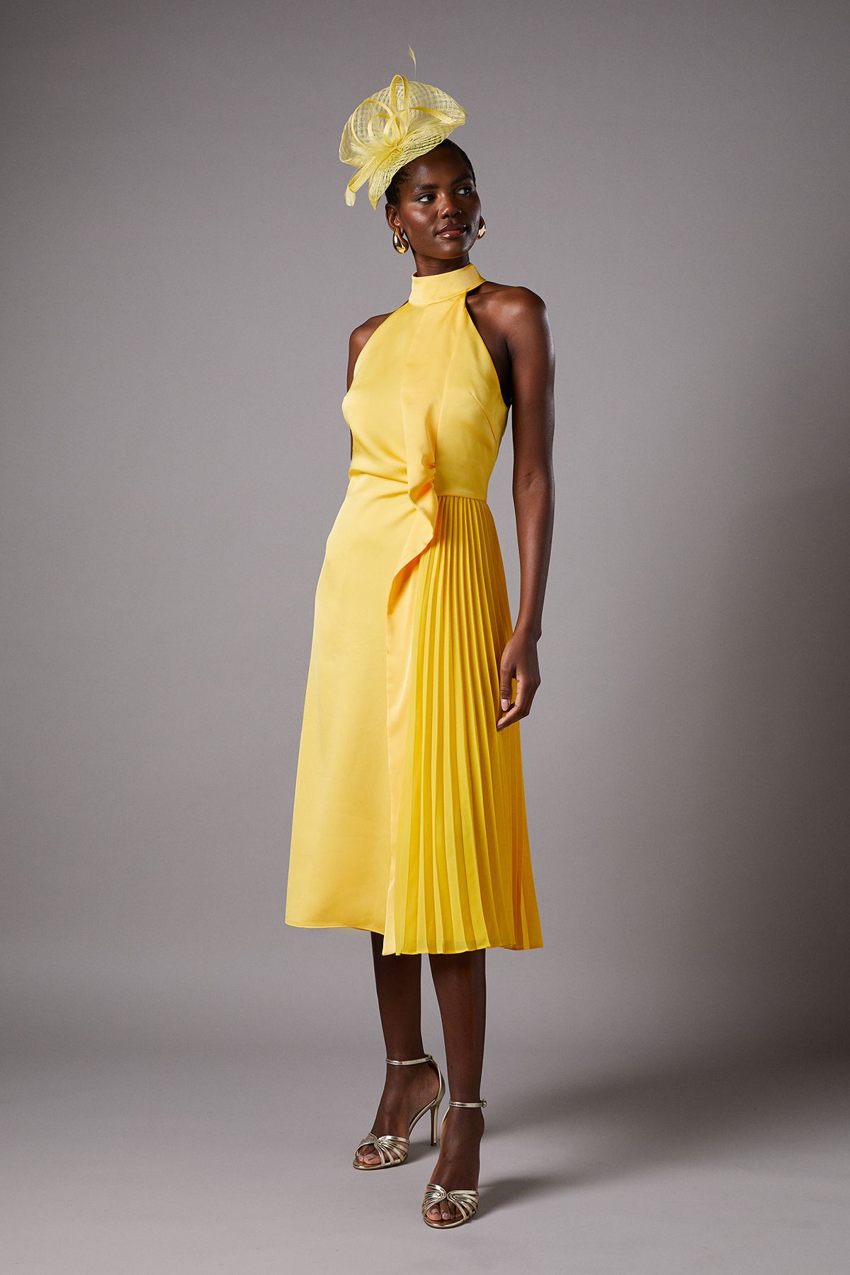 Coast Halter Pleated Asymmetric Hem Midi Dress Yellow image 1