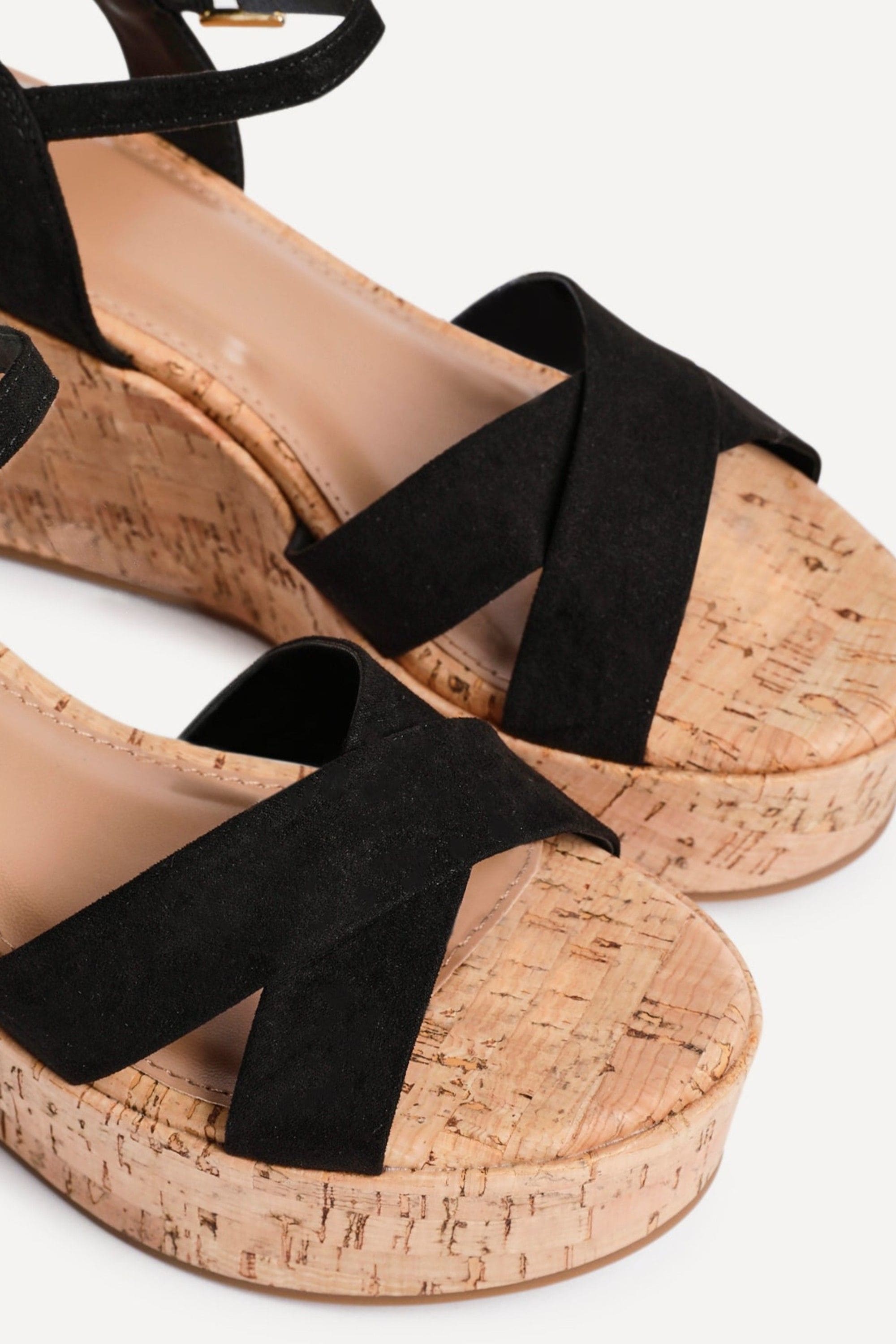 Linzi Vivid Black Faux Suede Crossover Cork Wedge image 5