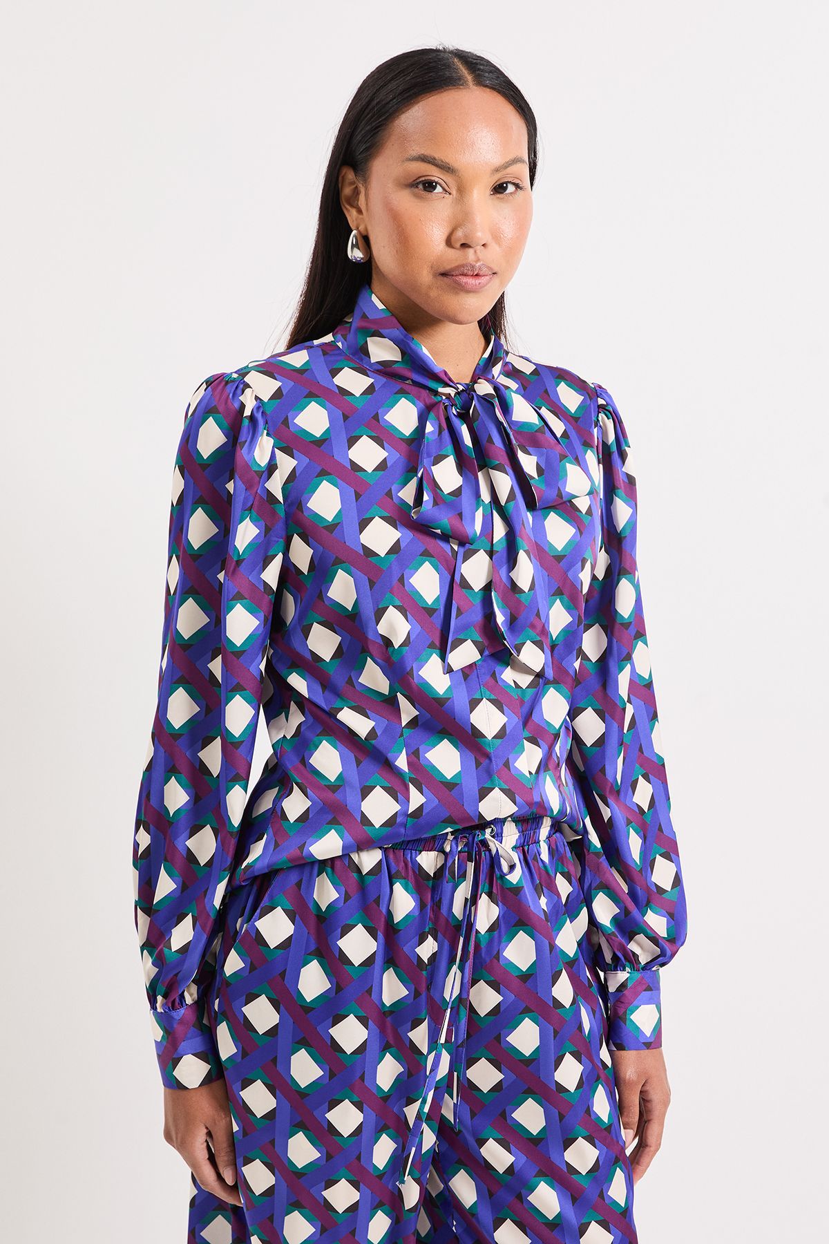 Principles Printed Satin Pussybow Blouse Blue