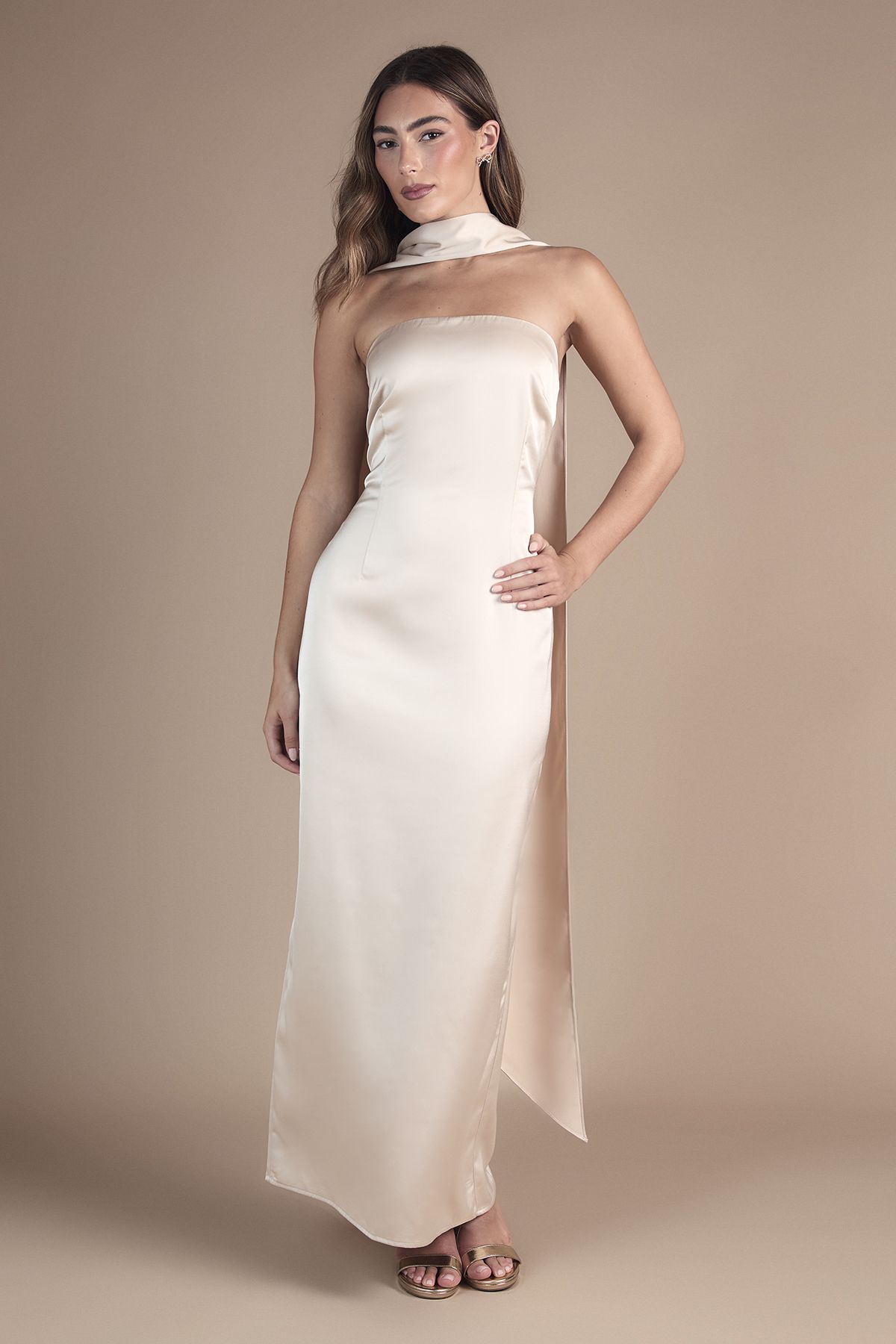 Oasis Bandeau Satin Maxi Wedding Dress With Scarf Champagne image 1