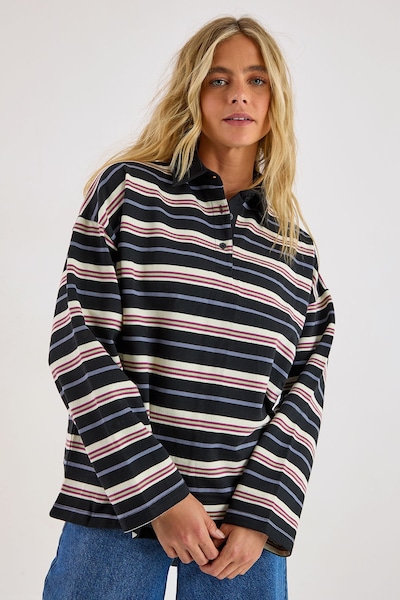 NastyGal Stripe Collared Rugby Top Black