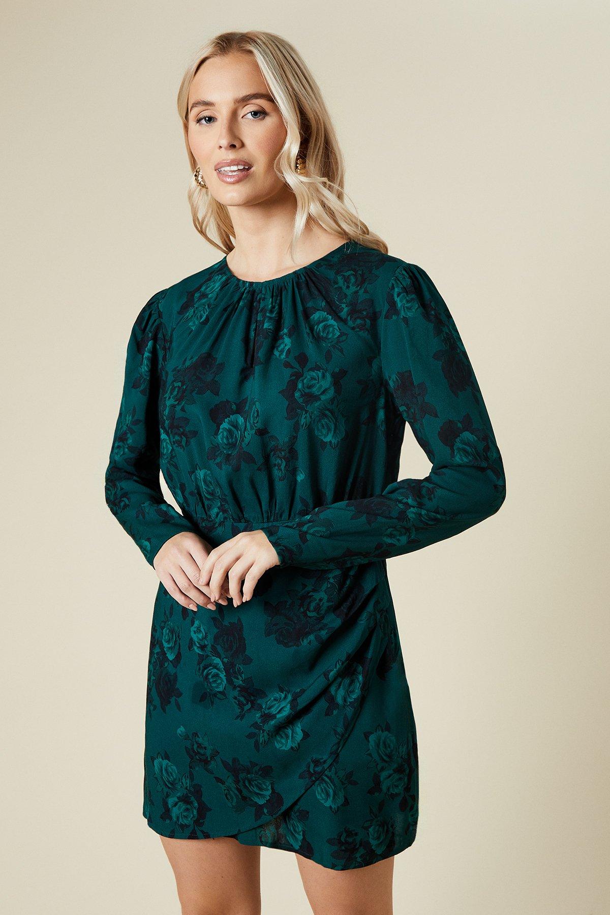 Dorothy Perkins Green Floral Wrap Skirt Long Sleeve Mini Dress Green image 1