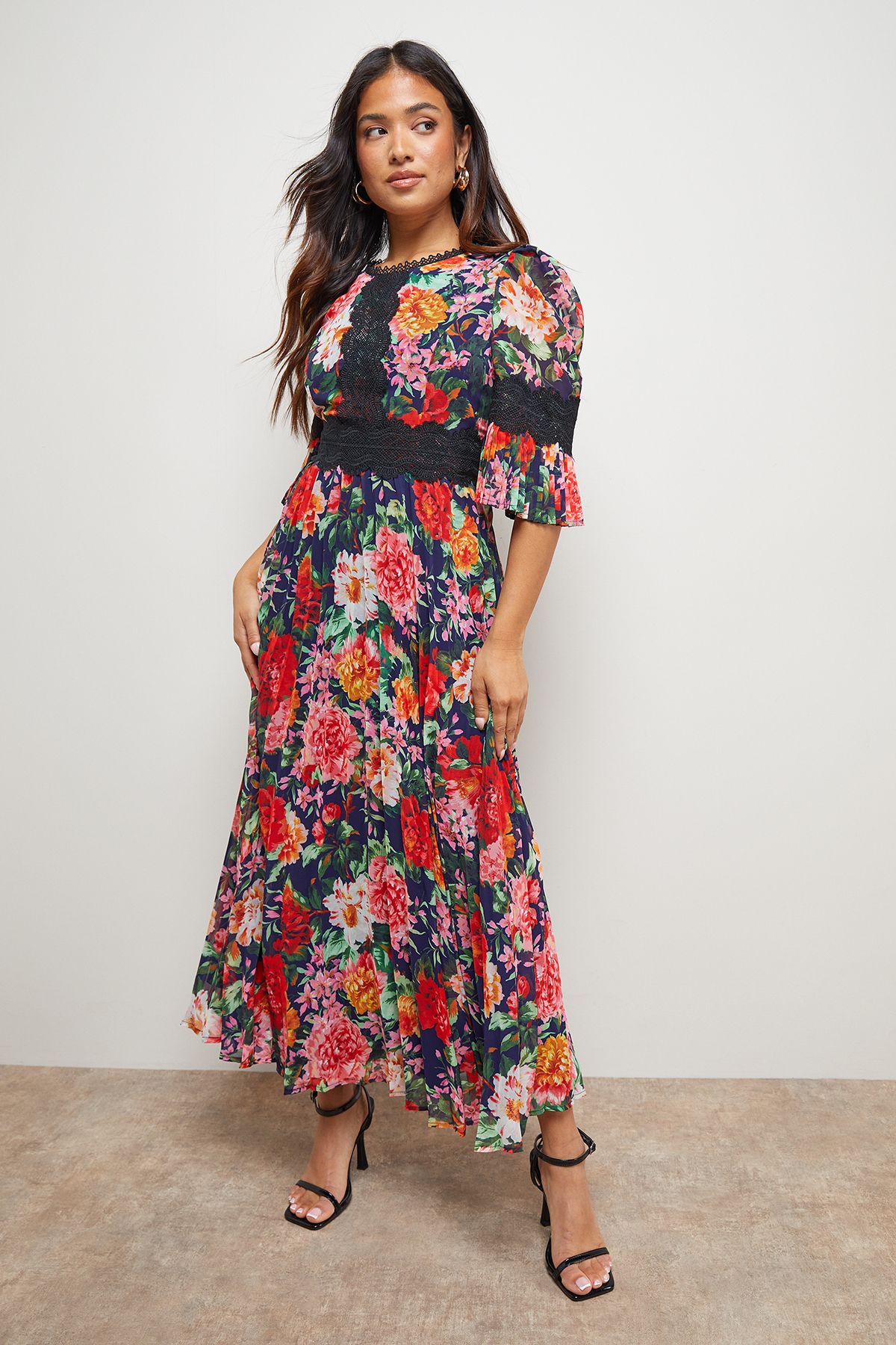 Oasis Petite Printed Lace Trim Pleated Midi Dress Floral image 1