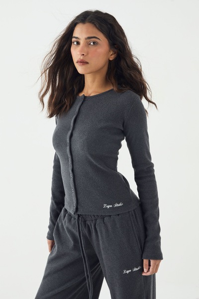DSGN Studio DSGN Studio Brushed Rib Button Through Long Sleeve Top Charcoal