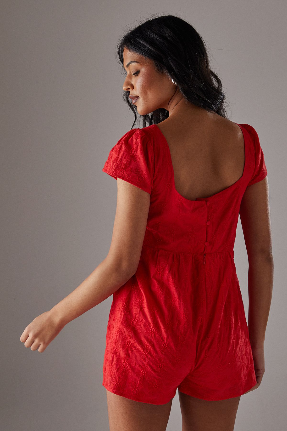 Warehouse Floral Cotton Square Neck Babydoll Playsuit Red image 4