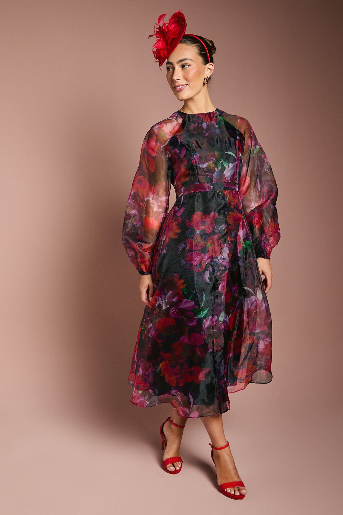 Coast Organza Wrap Waist Puff Sleeve Midi Dress Pink image 1