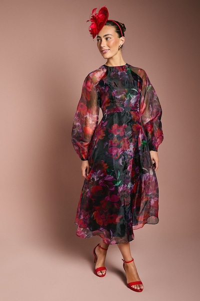 Coast Organza Wrap Waist Puff Sleeve Midi Dress Pink