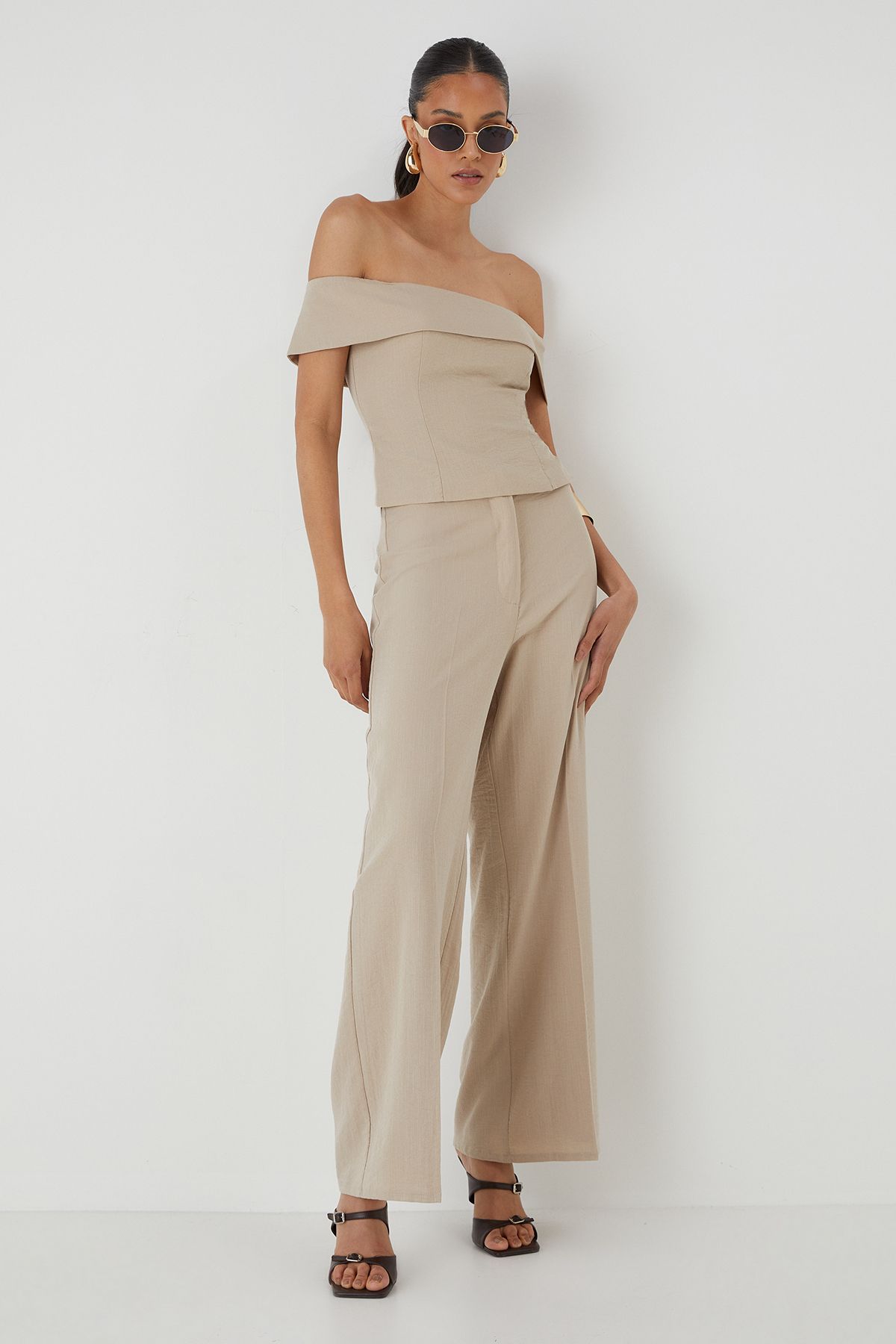 MissPap Linen Look High Waist Wide Leg Trousers Stone image 4