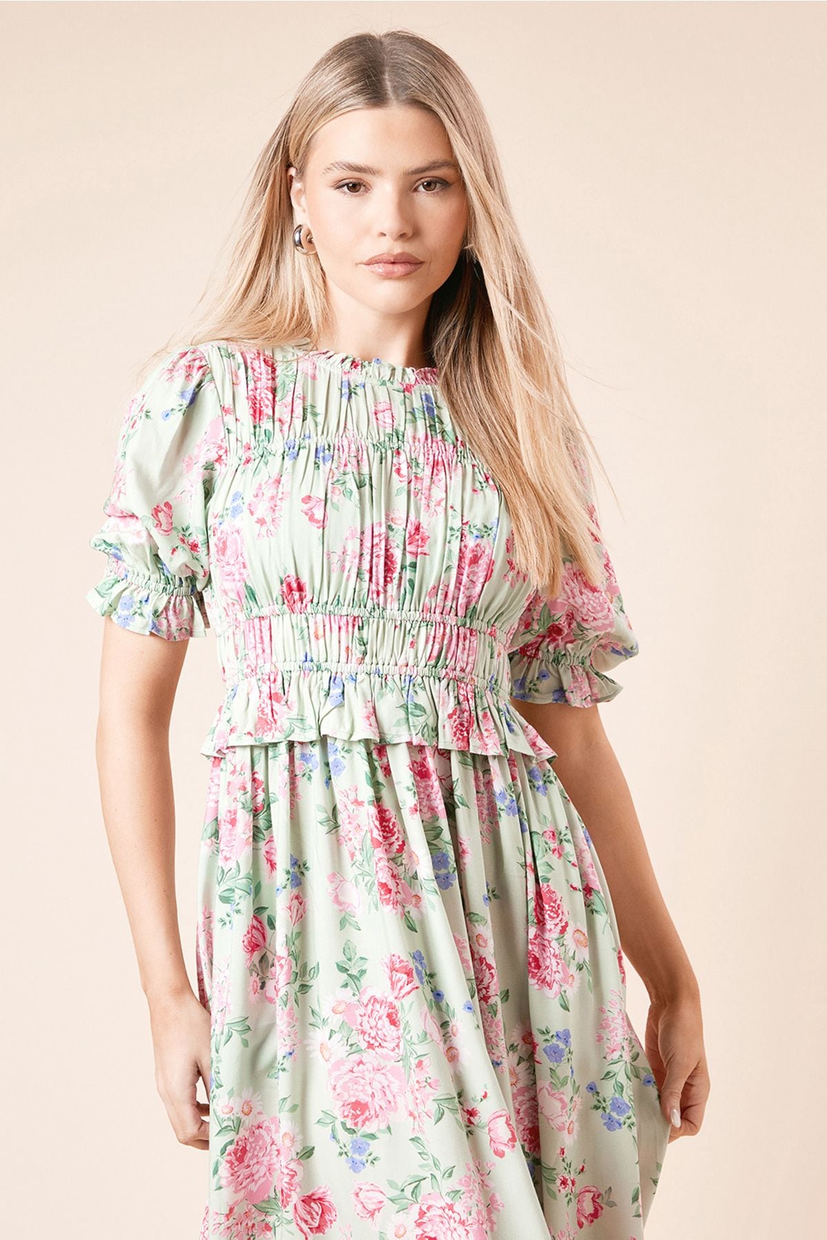 Dorothy Perkins Floral Shirred Bodice Puff Sleeve Midi Dress Floral image 2