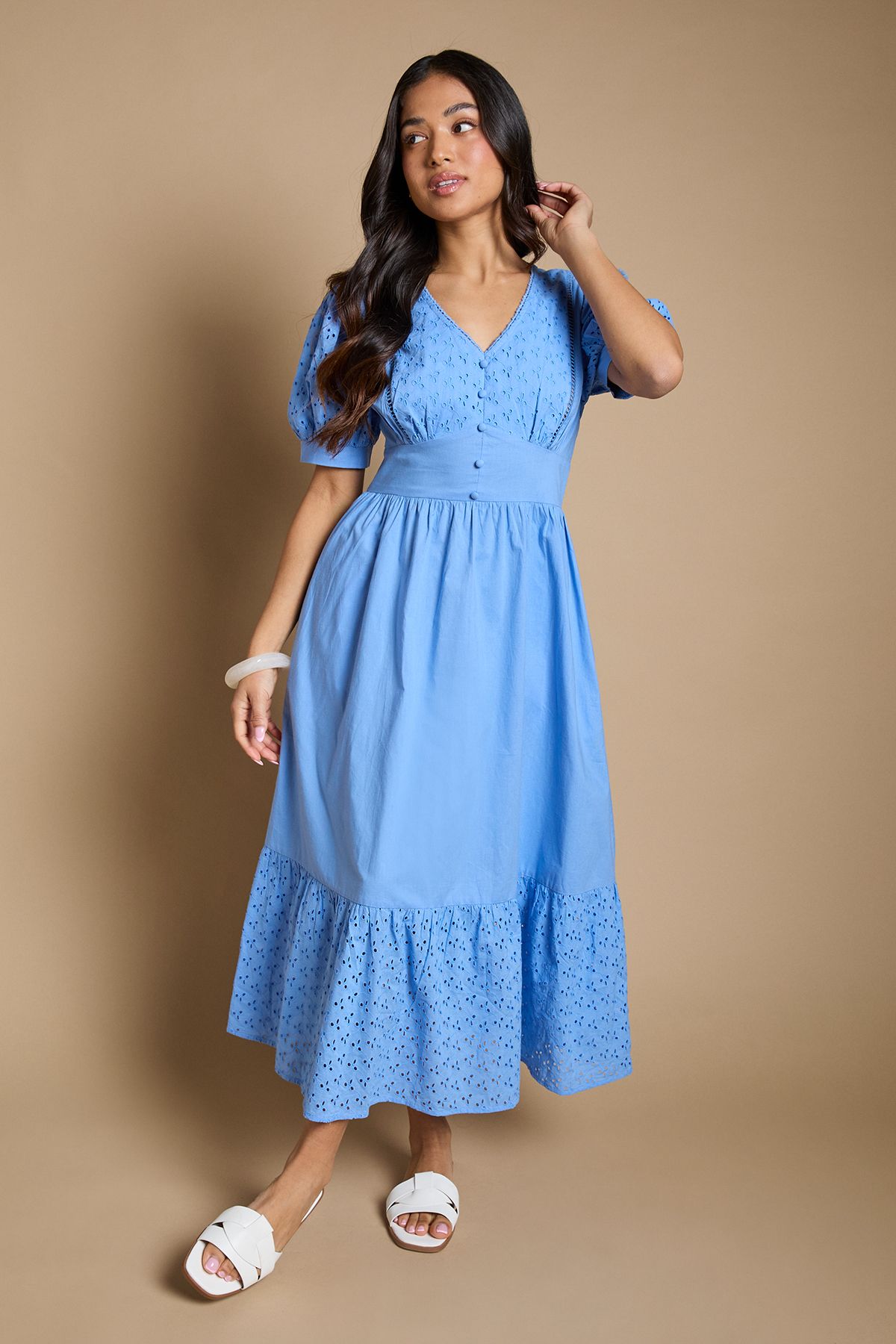 Dorothy Perkins Petite Broderie Lace Trim Puff Sleeve Tiered Poplin Maxi Dress Blue