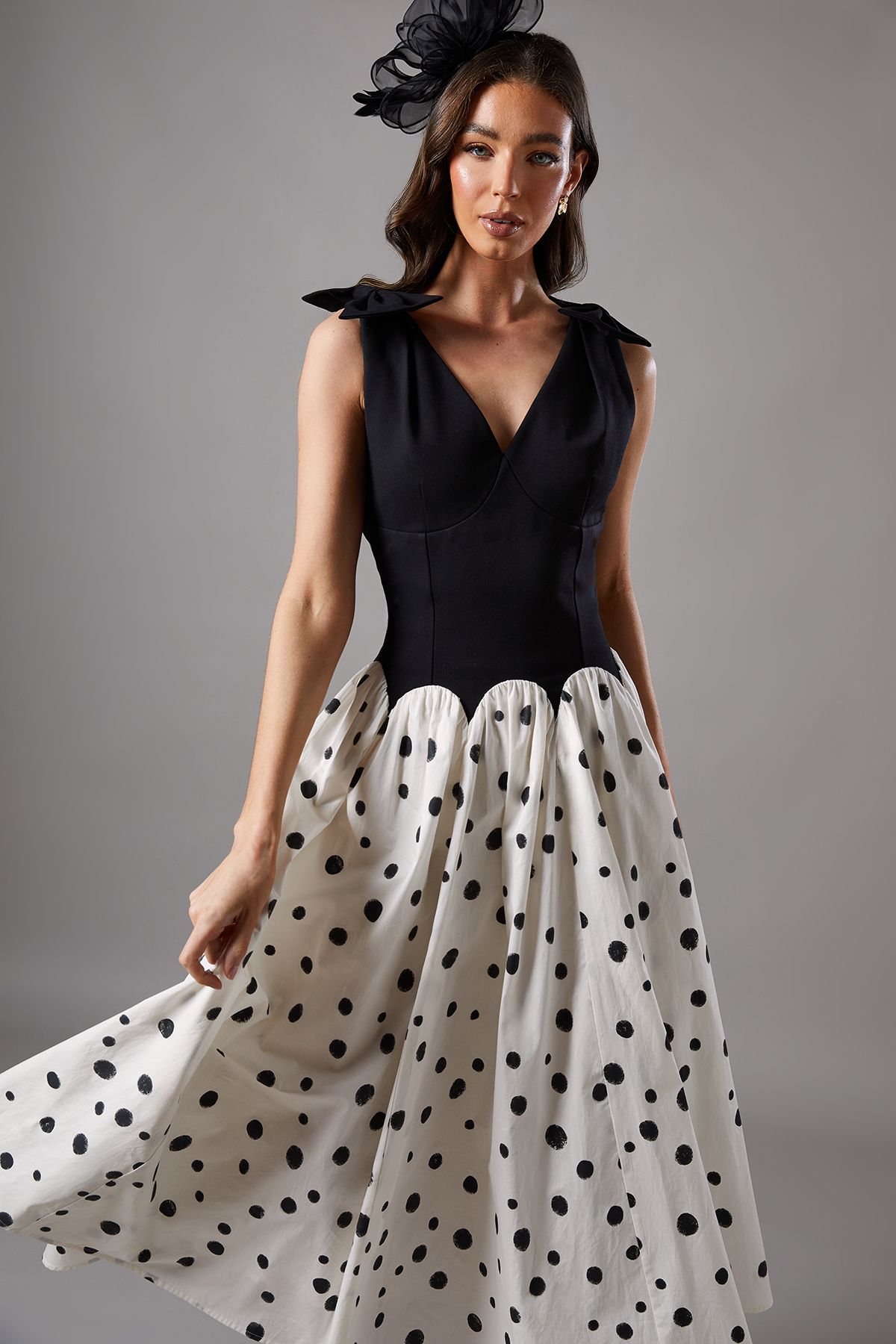 Coast Mono Spot Races Drop Waist Bow Shoulder Midi Dress Mono image 2