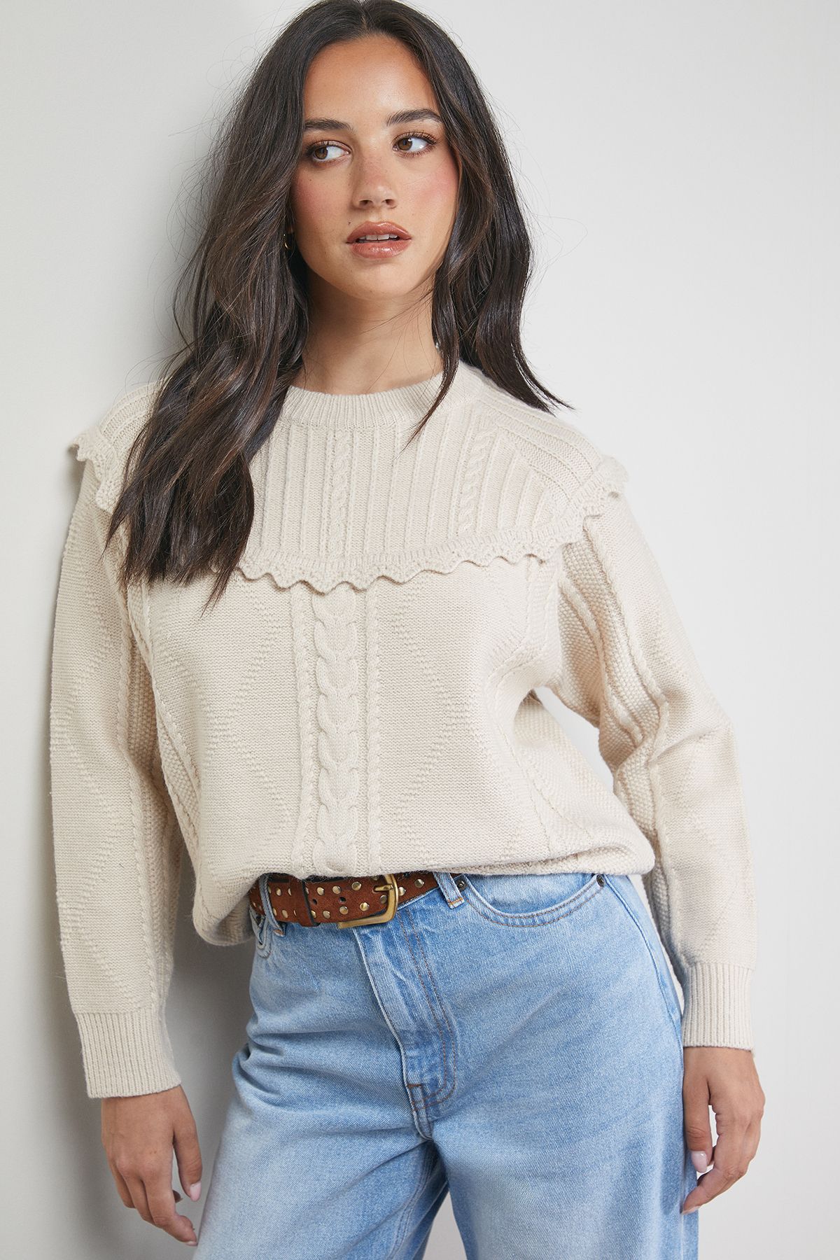 Oasis Cable Knitted Crochet Trim Detail Jumper Stone image 4