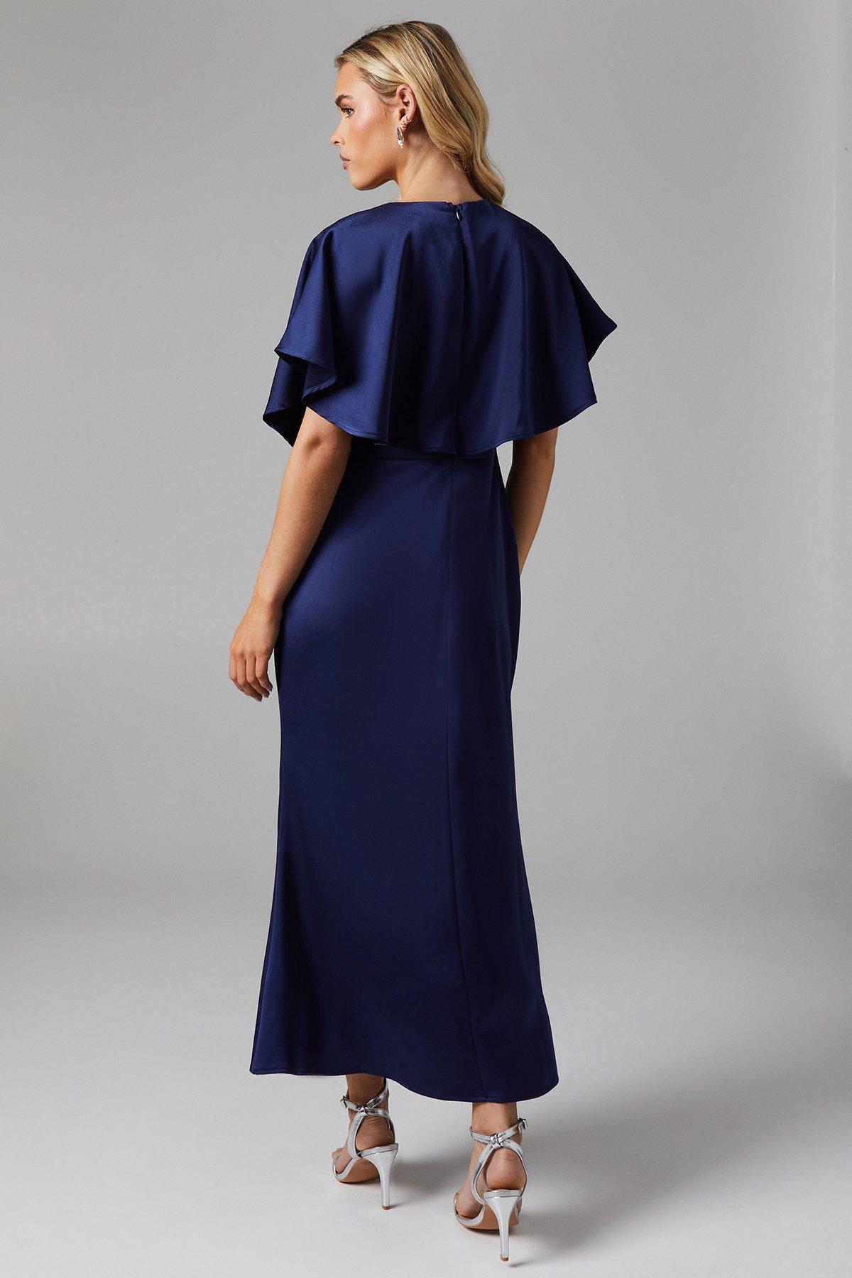 Oasis Petite Cape Sleeve Satin Bridesmaids Midi Dress Navy image 3
