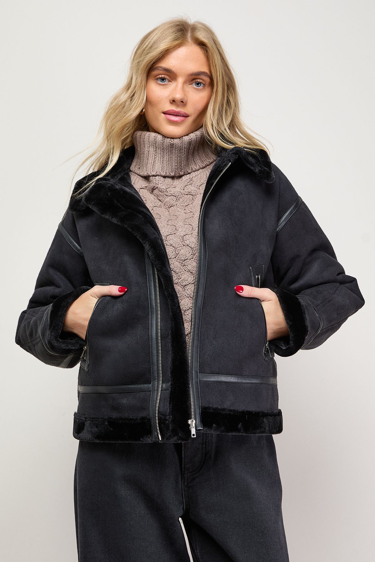 Oasis Zip Through Faux Leather Short Aviator Jacket Black image 2