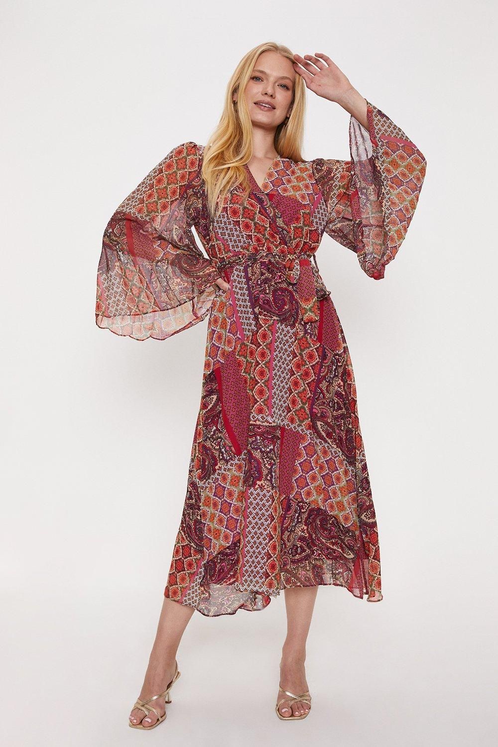 Oasis Printed Belted Wrap Midi Dress Red image 1