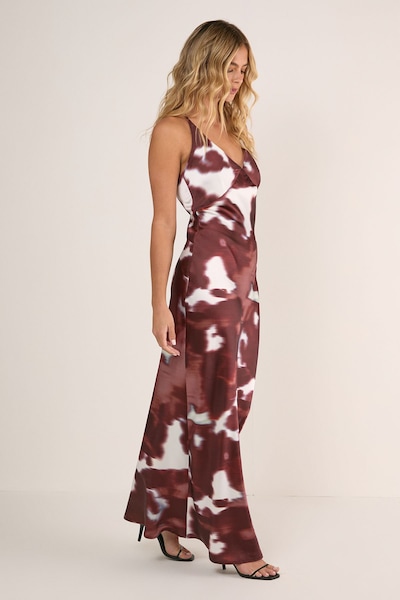 NastyGal Cow Satin Plunge Strappy Maxi Slip Dress Chocolate