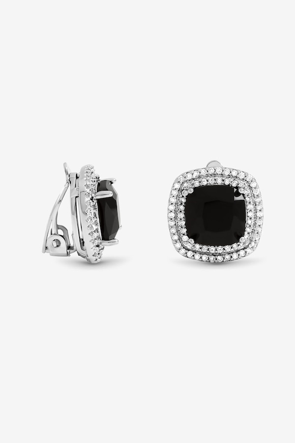 Jon Richard Rhodium Plated Large Sqaure Jet Halo Stud Earrings