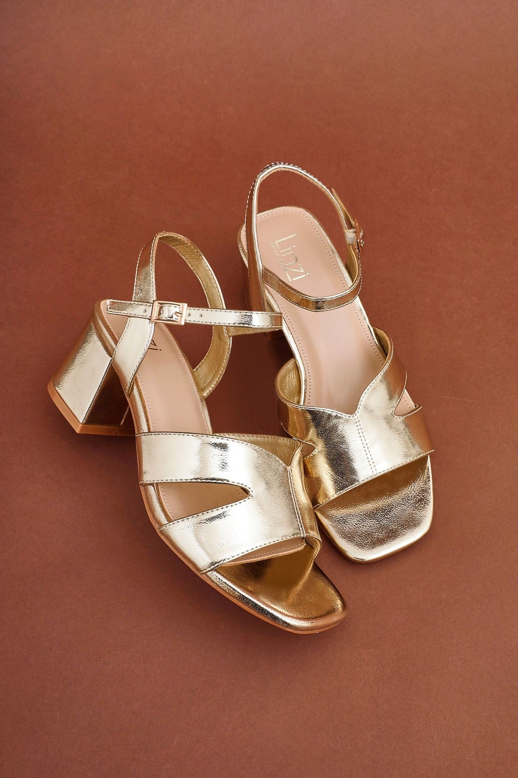 Linzi Empire Wide Fit Gold Faux Leather Link Detail Block Heels image 6