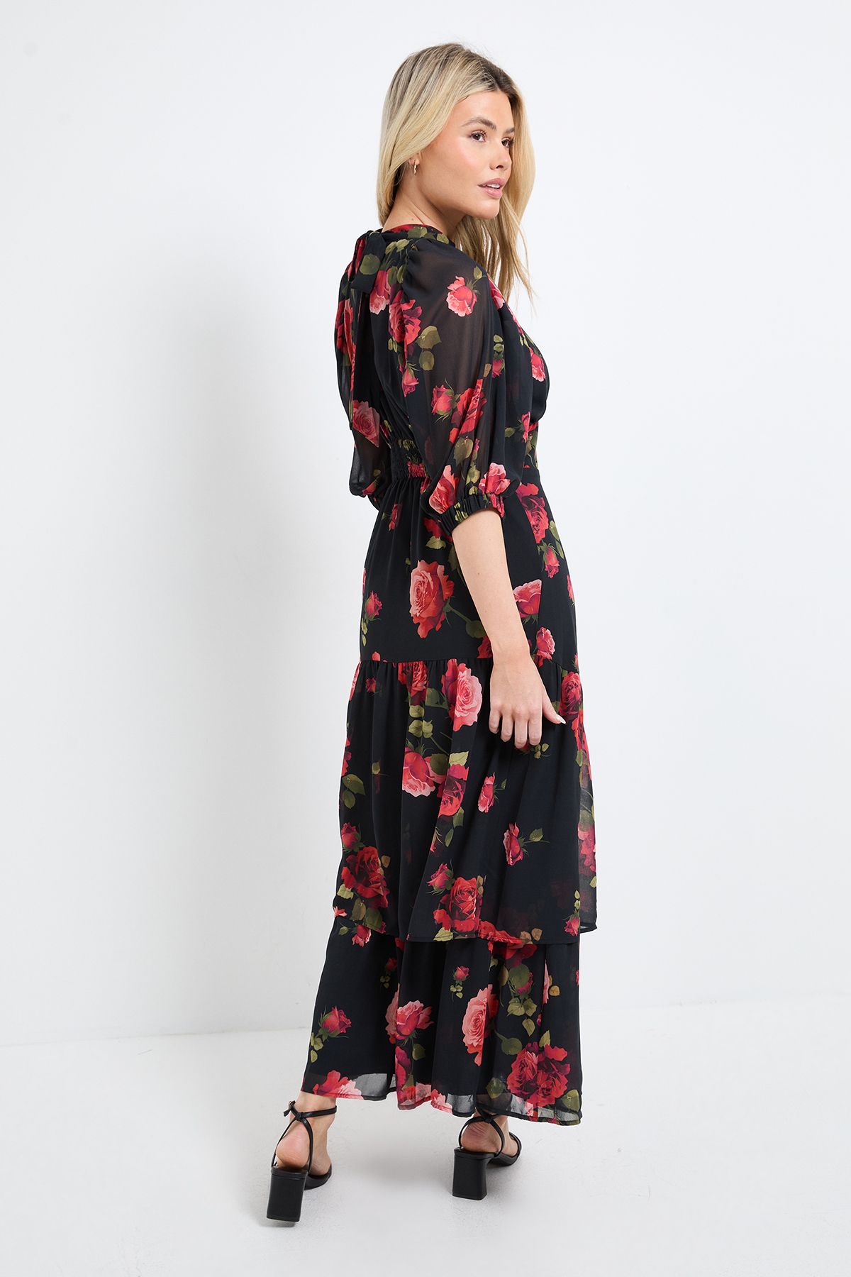 Dorothy Perkins DP Luxe Printed Floral Chiffon Empire Waist Tiered Frill Maxi Dress Black image 3