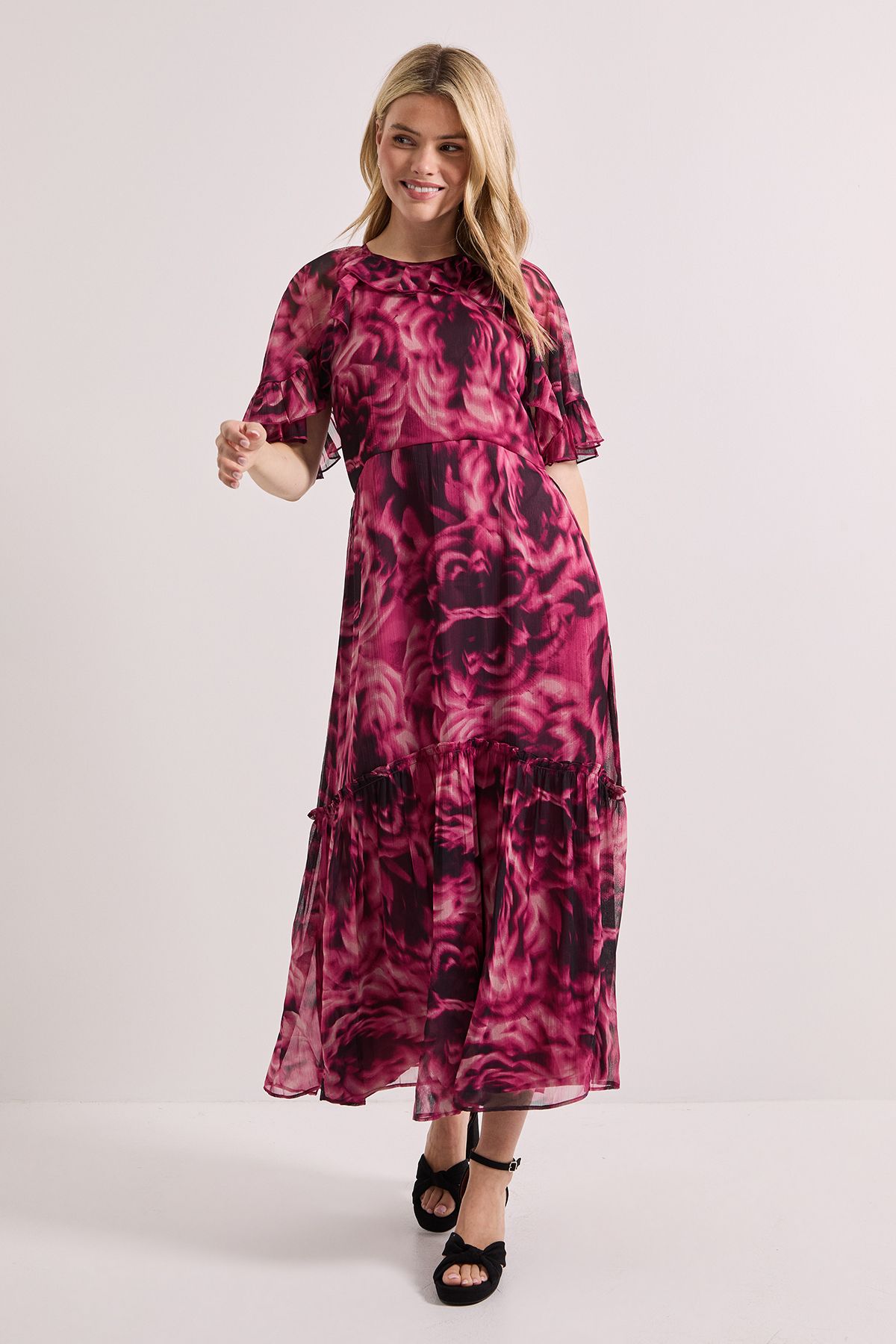 Dorothy Perkins Burgundy Floral Frill Cape Sleeve Tiered Printed Chiffon Midi Dress Burgundy