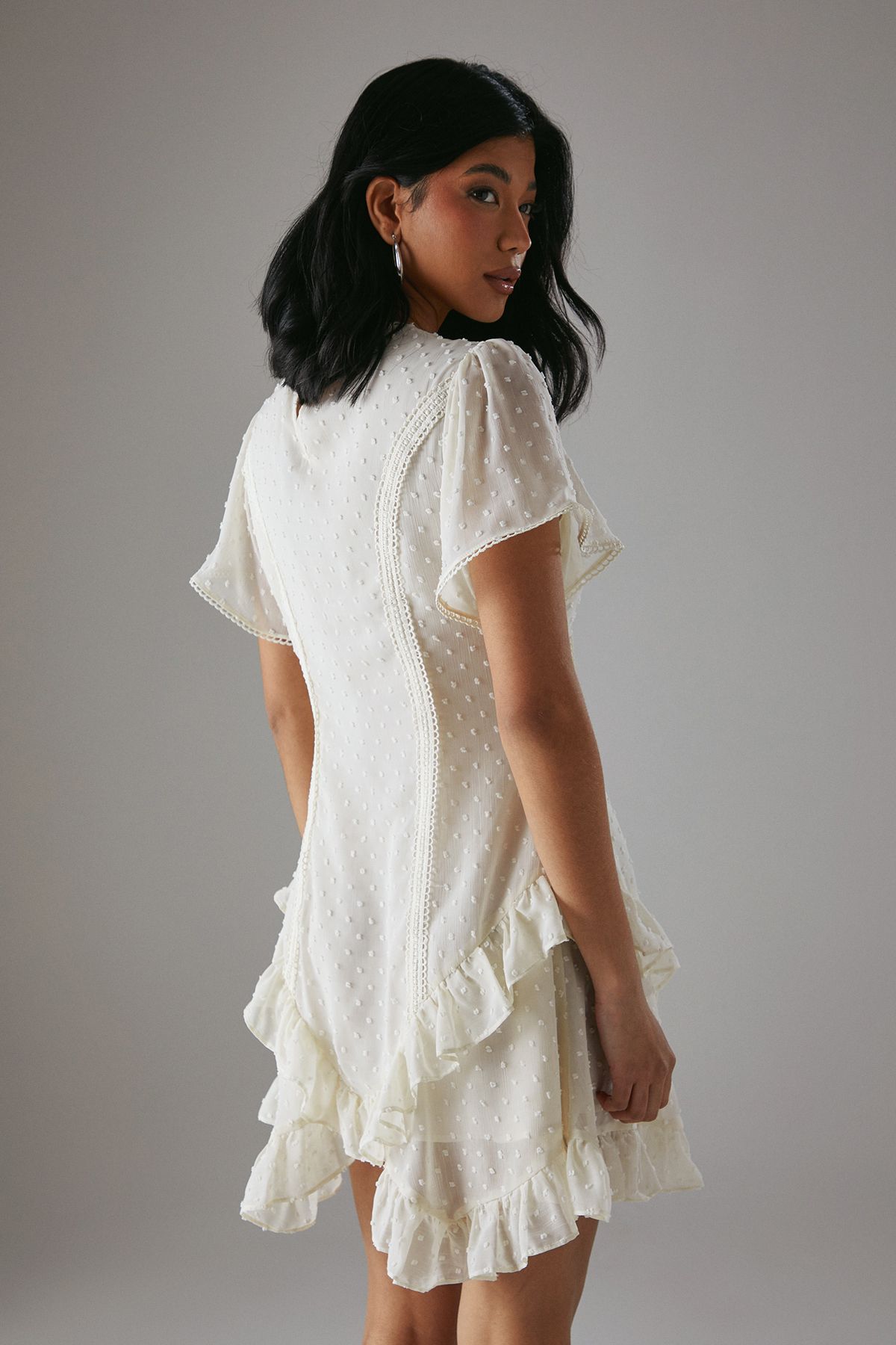 Warehouse HCD Dobby Chiffon Lace Trim Ruffle Mini Dress Cream image 4