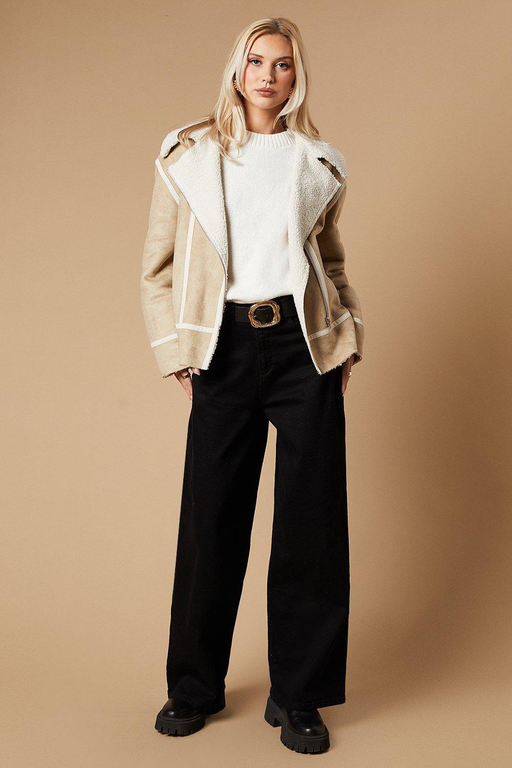 Oasis Zip Detail Suedette Aviator Jacket Stone image 4