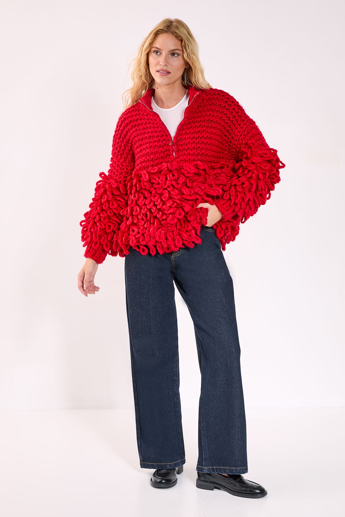 NastyGal Loopy Quarter Zip Oversized Jumper Red image 2