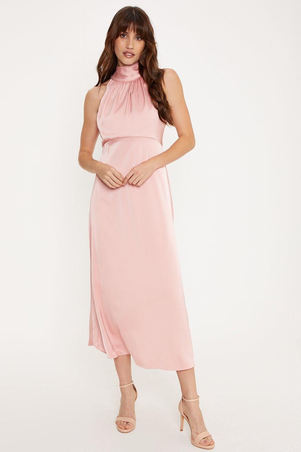 Oasis Oasis By Coast Satin Halter Neck Midi Bridesmaid Dress Blush
