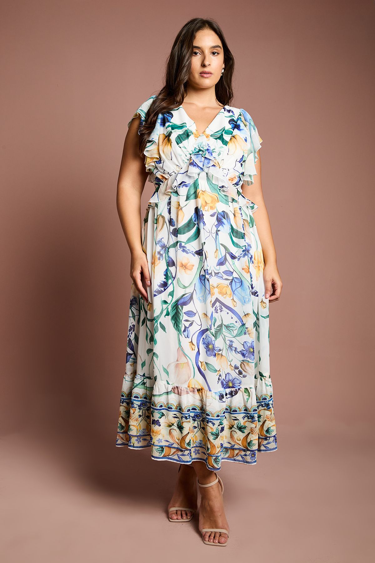 Coast Plus V Neck Flutter Sleeve Printed Midi Dress White image 1