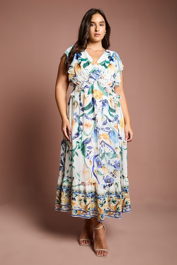 Coast Plus V Neck Flutter Sleeve Printed Midi Dress White